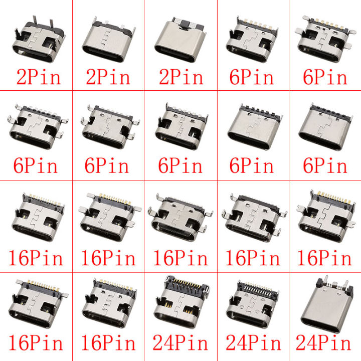 10Pcs USB Type C 2/6/16/24 Pin Connector Female Jack Charging Port SMD SMT Solder DIY Repair USB-C Type-C Socket Connectors