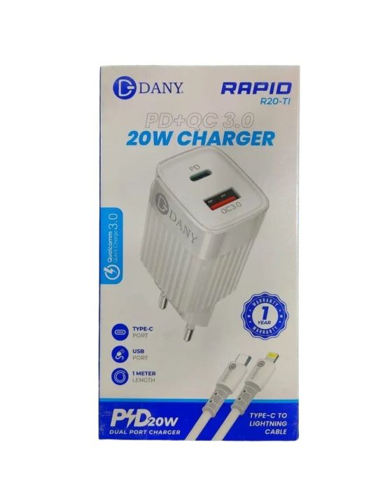 Dany iPhone Charger 20W Rapid R20-TI, PD + QC 3.0 Adapter with Cable Type C To Lightning (Type C To iPhone)