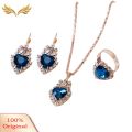 Women Heart Shape Rhinestone Pendant Necklace Lever Back Earrings Ring Jewelry. 