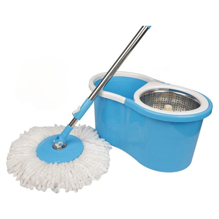 [Steel Wringer] Rotating Spin Mop 360 with Bucket & Wheels - 01 Microfiber Cloth Included (Extendable and Retractable) Steel / Plastic