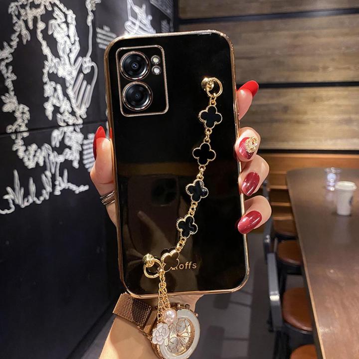 For Realme 9i Back Cover with Bracelet Wristband Luxury Clover Chain 6D Plating Frame Shiny Girls Cases Soft Silicone Square Protective Mobile Phone Case