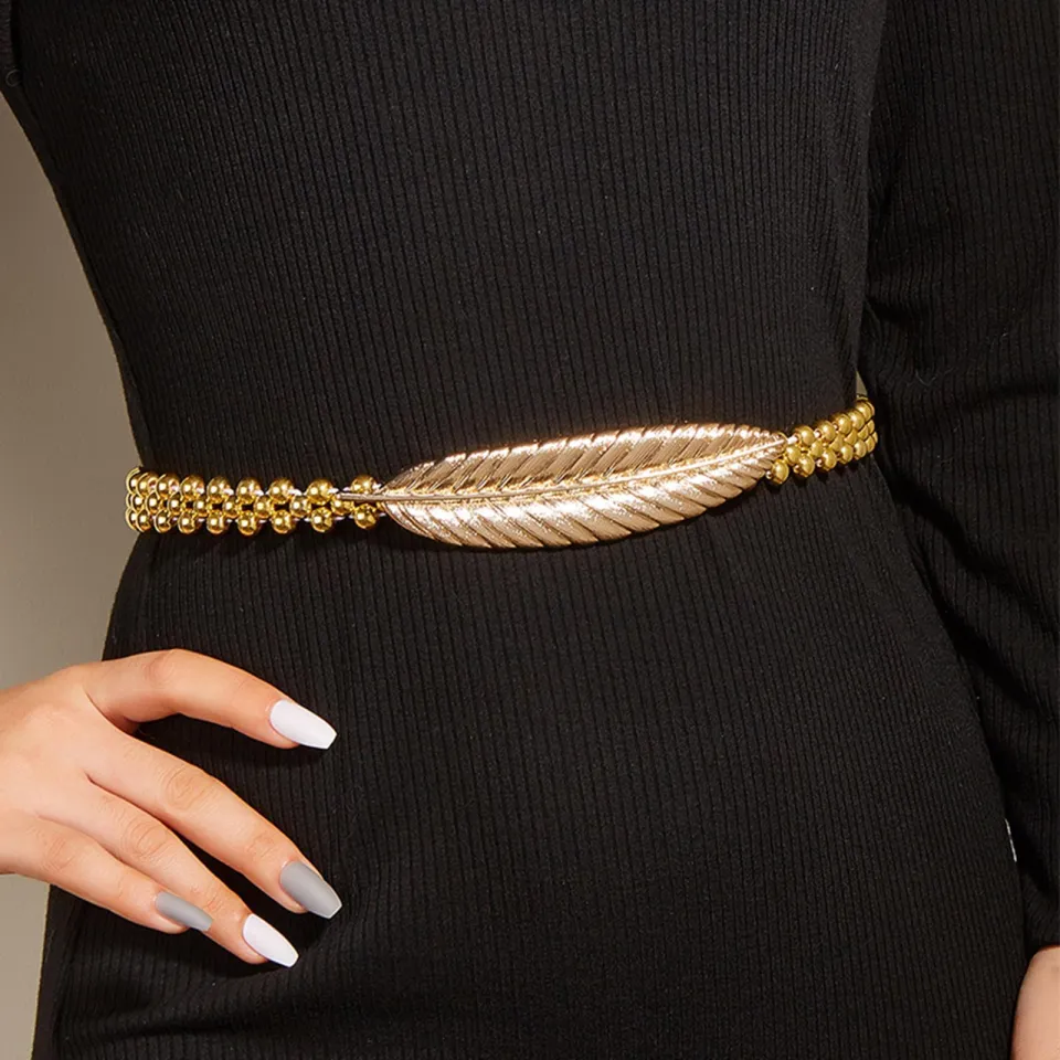 Women's Fancy Skinny Stretch Fashion Dress Belt Gold