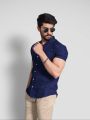 Navy Cuban Collar Casual Shirt. 