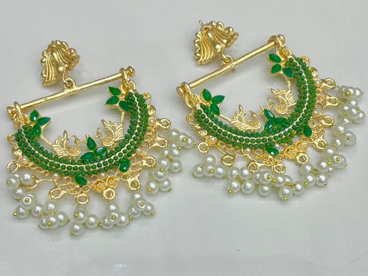 New Arrival Green Stones Chand Bali/Drop Style Earrings For Girls