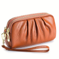 Elegant Genuine Leather Handheld Bag – Women’s Dual Zipper Wallet for Phone & Essentials. 