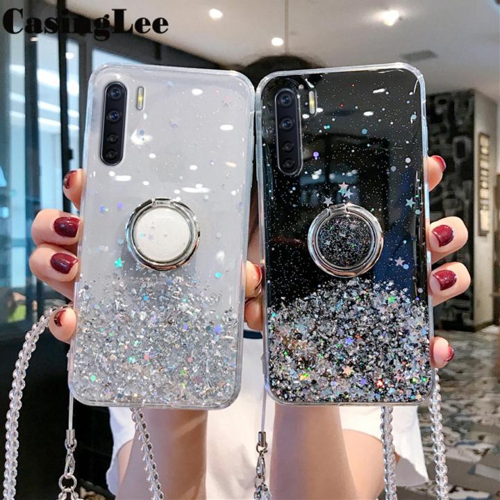 Casinglee for OPPO Reno 3 case Shiny Ring Glitter Soft Transparent Holder Stand Back cover with String for OPPO Reno3 Phone cases cover Stars Moon Girls For girls and Boys