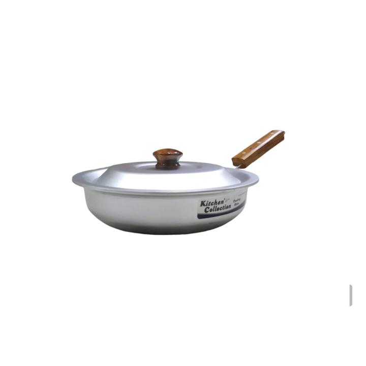 Silver Steel Frying Pan With Lid / Anodized Wood Handle Frying Pan - Size 22,24 & 27cm