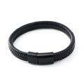 Classic Black Braided Leather Bracelet -for Men Fashion Stainless Steel Magnetic Clasp Punk Homme Bangles Gifts. 