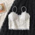 Women Deep V-neck Camisole, Sleeveless Spaghetti Strap Crop Tops with Tassels, Black/ White. 