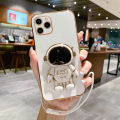 For Infinix Hot 40 / Hot 40i / Hot 40 Pro Back Cover with Lanyard + Cartoon Astronaut Folding Stand Luxury 6D Plating Square Frame Phone Case Shiny Soft Silicone Protective Cases Pouch Girls. 