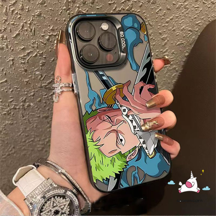 Fashion Trendy Brand Cool Luffy Zoro Couples Case Compatible for IPhone 15 11 14 12 13 Pro Max 15Plus XR X 14Plus XS Max Cartoon One Piece Electroplate Plating Metal Soft Tpu Cover