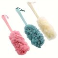 Decor Rack Bath Sponge with Handle, Shower Loofah Brush, Back Cleaning Scrubber, 8” Long Curved Handle, Exfoliate, Rejuvenate Skin, Body Bathing Sponge with Long Mesh Pouf. 