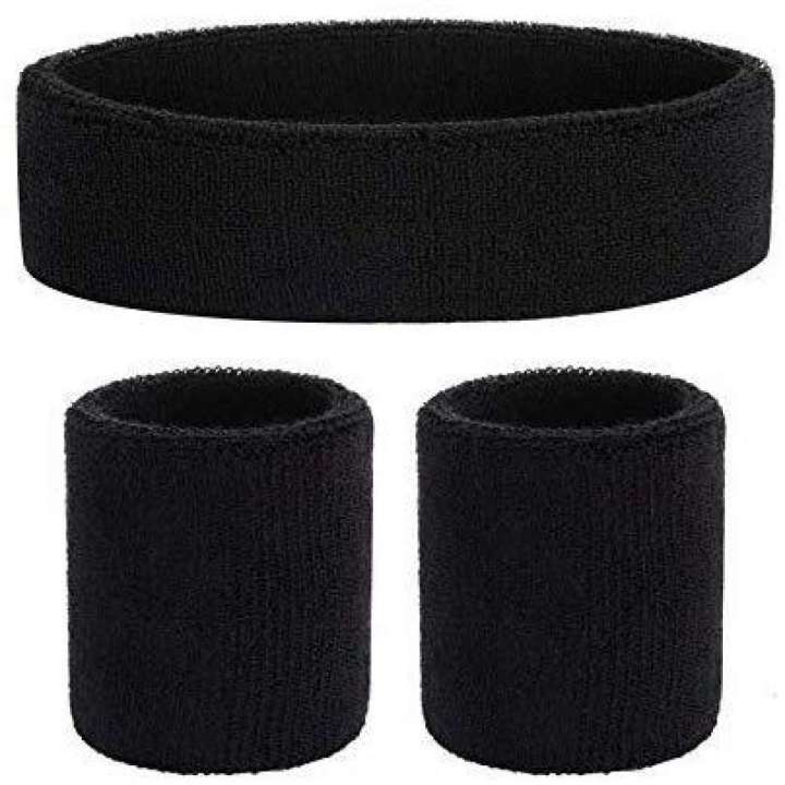 Black Outdoor Fitness Sports Sweatband Headband Yoga Gym Unisex Head Band and Wrist Band- Pack of 2