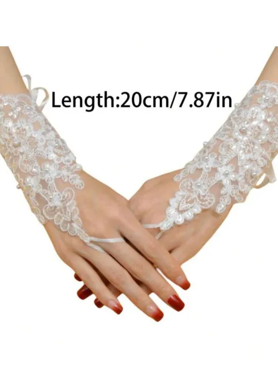 White%20Finger%20less%20Wedding/Bridal%20Gloves%20White%20Faux%20Pearl%20Embroidery%20Short%20Bridal%20Gloves,Wedding%20Dress%20Gloves%20-%20Image%205