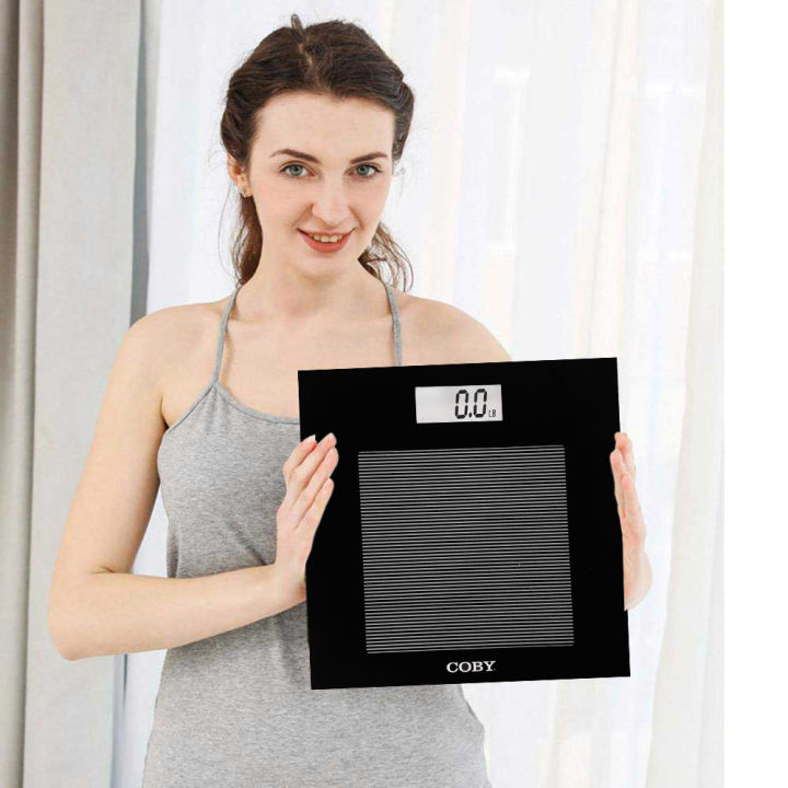 COBY Black Digital Glass Bathroom Scale with Weight Comparison Blue LCD Display
