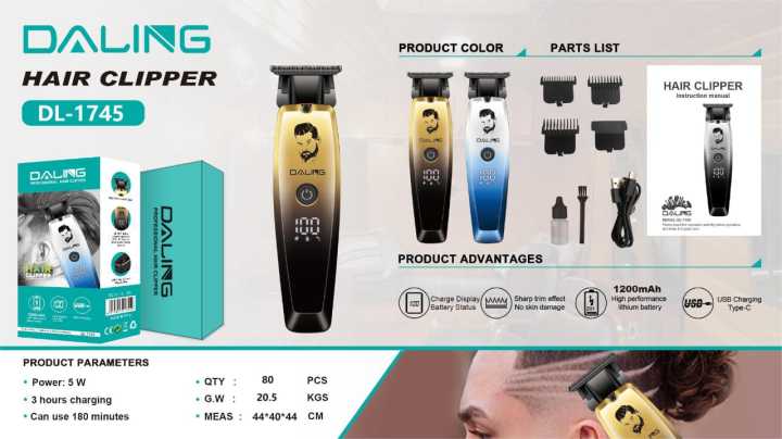 Daling DL-1745 Professional Hair Clipper – Cordless Rechargeable Hair Trimmer for Men, Precision Barber Hair Cutting Kit, Electric Haircut Machine with Adjustable Blades, Salon-Grade Grooming Tool for Home Use, trimmer ,  grooming kit ,trimmers , shaver