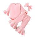 Baby Girls Autumn Outfit Sets Pink Long Sleeve O Neck Romper + Daisy Print Flared Pants + Headband. 