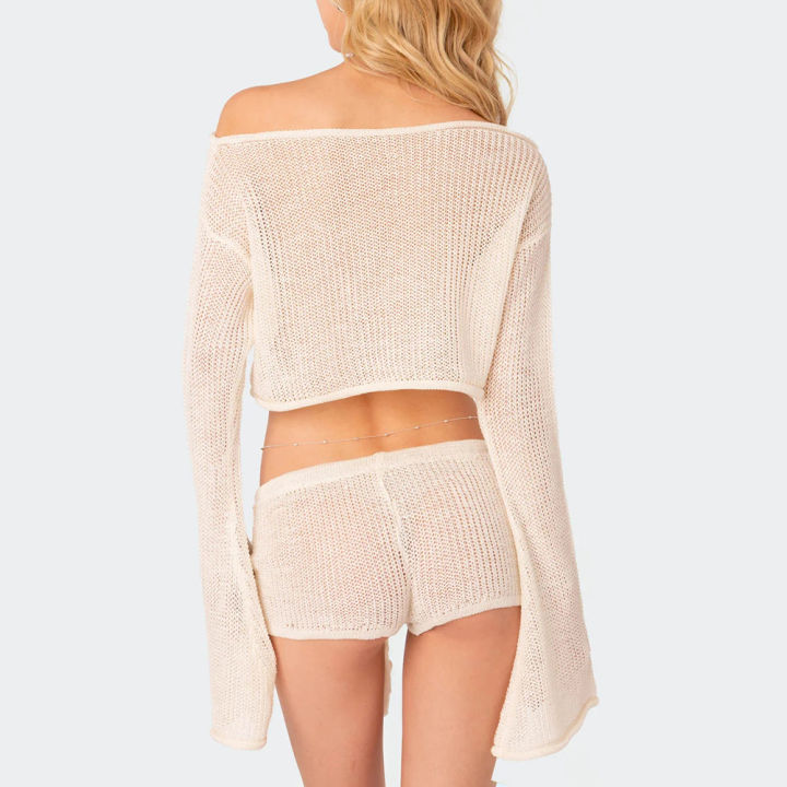 bellylady%20Women%20Knit%20Crop%20Tops%20Long%20Sleeve%20Hollow%20Out%20Pullover%20Tops%20Off%20Shoulder%20Y2K%20Beachwear%20Poncho%20Sweater%20-%20Image%202