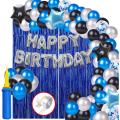 Beautiful happy birthday theme set 30 pcs balloon(10 pcs black,silver & light blue)  2 pcs foil star (light blue and black) silver happy birthday foil and 1 blue curtain. 