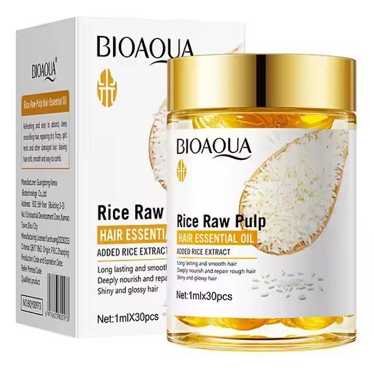 BIOAQUA Rice Raw Pulp Hair Essential Oil – 30 Capsules Organic Treatment Promotes Hair Growth Moisturizing Repair Damaged Growth Oil Hair Care Hair Oil BQY00973