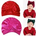 Baby Velvet Caps Newborn - Baby Girl Caps Bow Knot - Soft and Stretchable Head Wrap - Handmade with Fully Covered Head. 