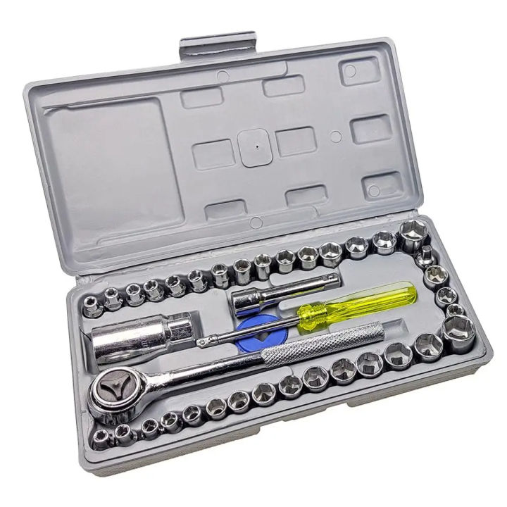 40-Piece SAE/Metric Socket Set with Ratcheting Wrenches, 1/4" & 3/8" Drive, 6-Point Hex Socket Mechanics Kit Tool Kits AA