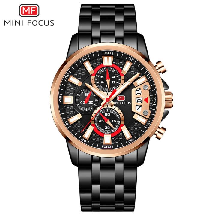 Mini Focus Black Dial Black Luminous Steel Strap Chronograph Watch for Men- MF0352G-04