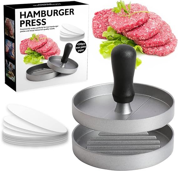 Non-Stick Hamburger Press Burger Maker with 100 Wax Discs, Ideal for BBQ
