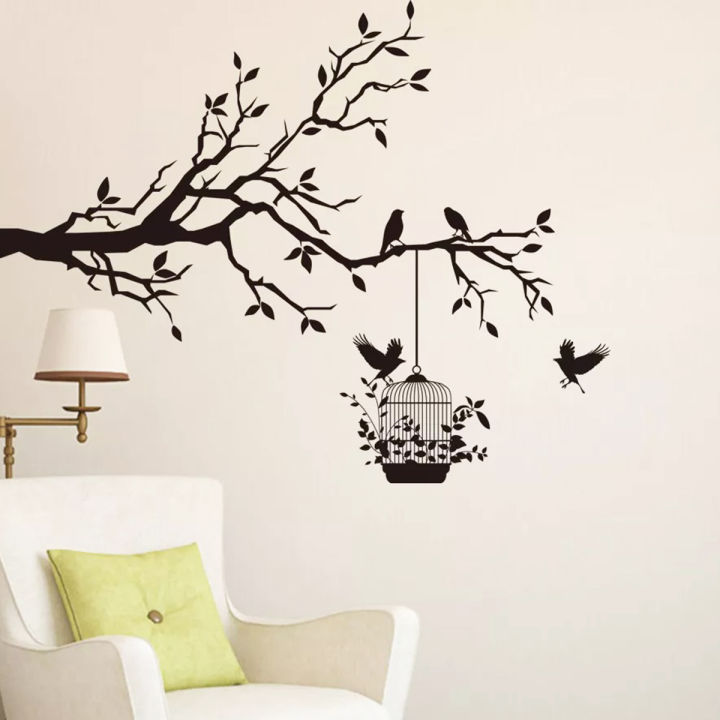 SmileArt Tree Wall Sticker Branch with Birds and Cage Vinyl DIY Home ...