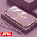 For iPhone 6s / iPhone 6 Back Cover with Ring Holder Stand + Wrist Strap Shiny Plating Square Bumper Protective Case Soft Silicone Shockproof Mobile Phone Cases. 