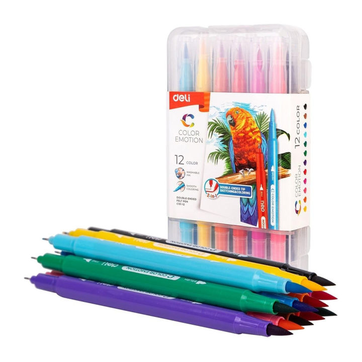 Deli Colors Double Ended Marker Felt Pen_ Brush / Micron Tip Markers (12 - 24 Pack)
