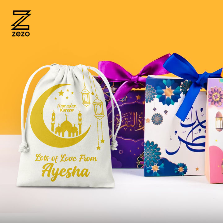 Zezo Personalized Eid Gift Pouch | Custom Name Mini Drawstring Bag | Ramadan & Eid Mubarak Gift Bag for Kids, Bags for Boys & Girls