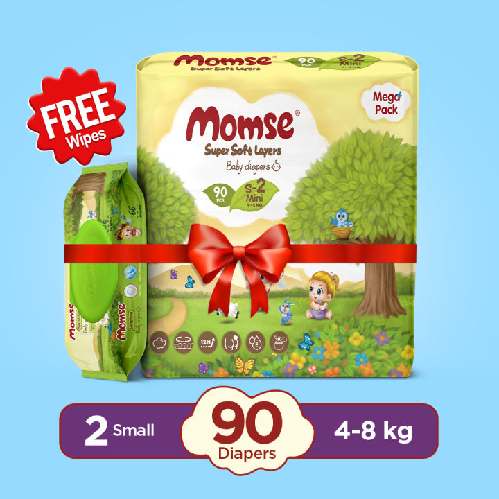 Momse Diapers Mega Size 2 - 90 PCs - 4 -8 Kg with Free Wipes