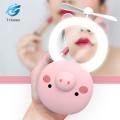 Fan Cartoon Pig Lightweight Portable Office Summer LED Light USB Fan Handheld Rechargeable Cooling Makeup Mirror. 