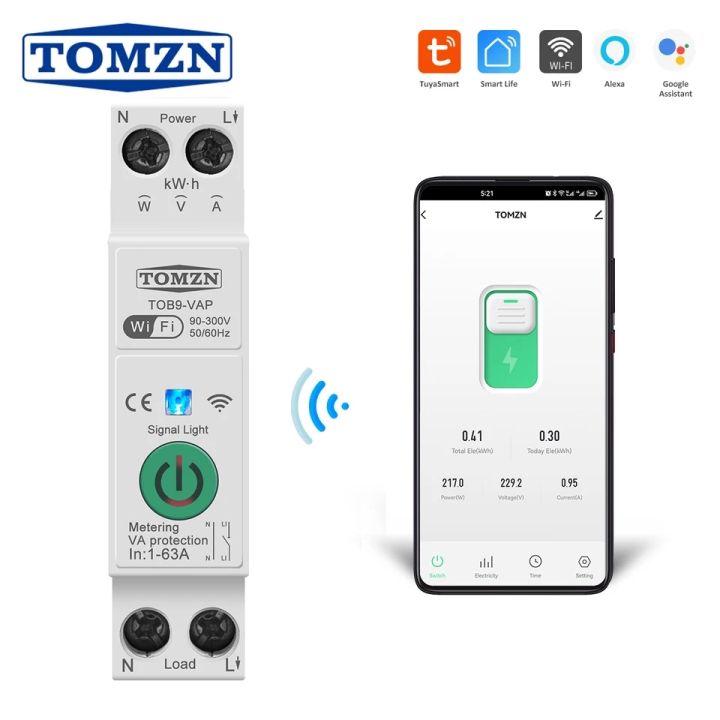 TOMZN TOB9-VAP 63WiFi TUYA Smart Energy Power Monitoring Under/Over Voltage, Amperes Overload Protection Power Metering, Timer Relay Control Protection for solar inverter