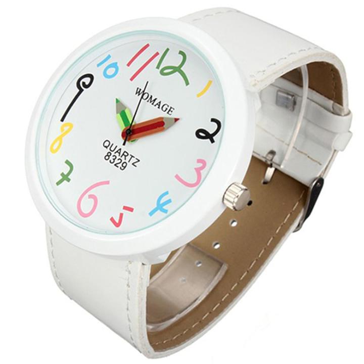 Women Big Case Pointer Soft Faux Leather Strap Quartz White Pencil Wrist Watch