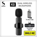K8 Wireless MIC For Vlogging with Microphone Accessories Video for Type C Android, IOS Lightining & 3.5mm Jack. 