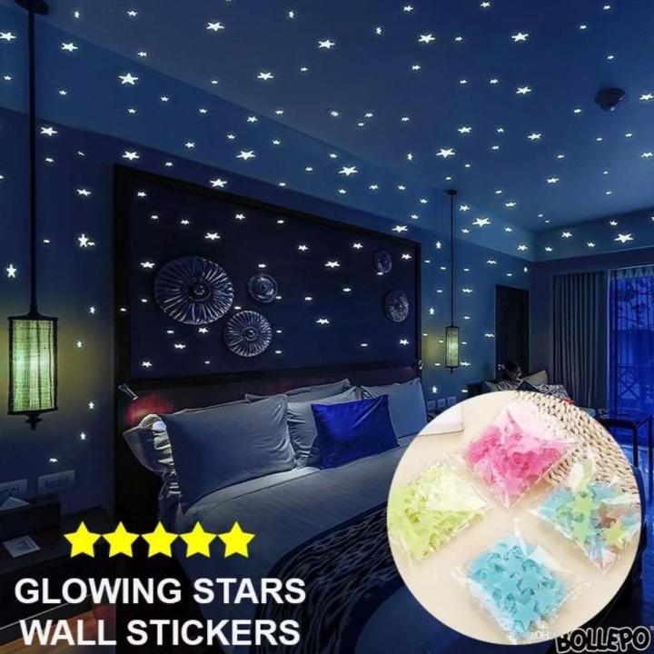 PACK OF 100 3D Glow in The Dark Stars for Ceiling or Wall Stickers - Glowing Wall Decals Stickers Room Decor Kit - Galaxy Glow Star Set and Solar System Decal for Kids Bedroom Decoration