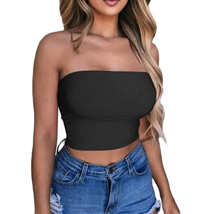 G&H Women y Solid Color Strapless Cropped Mini Bustier Slim Elastic Tube Top