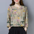bellylady Women Long Sleeves Shirt Trendy Round Neck Retro Printing Tops Loose Large Size Casual Pullover T-shirt. 
