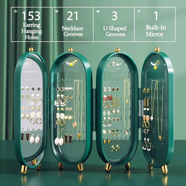 Foldable Earring Holder Jewelry Organizer Box with Mirror, 4-Layer Dustproof Earring Necklace Display Stand Jewelry Box with 153 Holes for Women and Girls, Gifts for