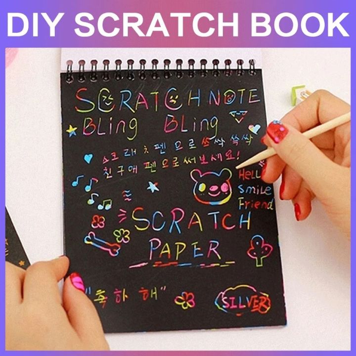 Creative Magic Color Rainbow Scratch Book, Black Paper Note Book, Scraping Painting Black DIY Drawing Pad, Kids Doodle Novelty Pad,  Graffiti Cardboard, Children Toy School Supplies, Art & Craft Activity Note Book,  High Quality