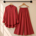 TRENDZ.PK Women's Trendy 2 Piece Co-Ord Set - Solid Color Button Down Kurta with Wide Leg Palazzo Trouser Suit TS-35. 