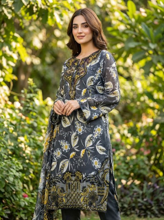 Luxury Women’s 3-Piece Printed & Embroidered Suit | Black & Yellow ...