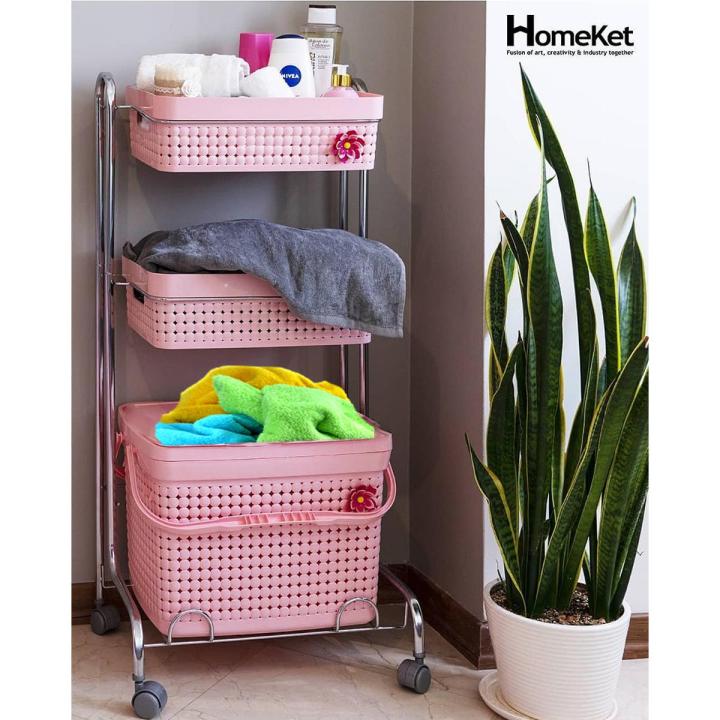 3 Tier Rolling Laundry Basket Shelves Storage Organizer for Clothes Detergent Great for Bathroom Kitchen Laundry Room Pink