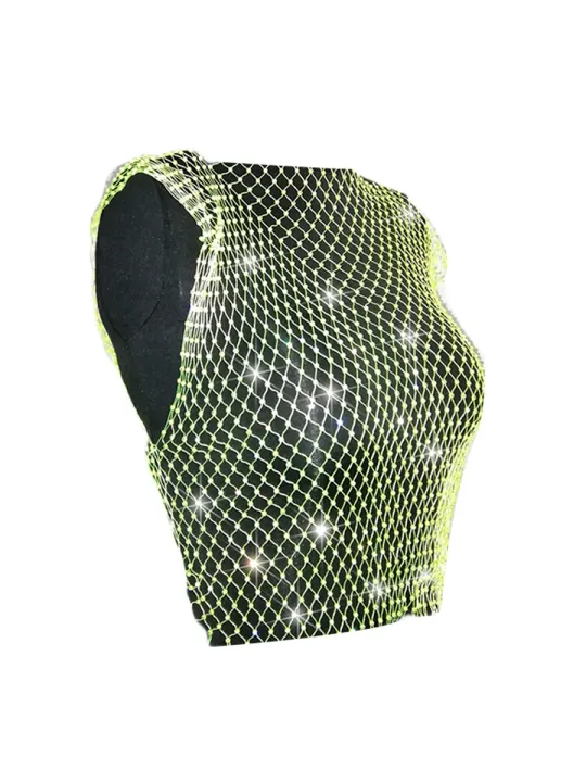 Ladies%20Mesh%20Midriff-baring%20Tops,%20Women%20Leisure%20Style%20Rhinestone%20Decoration%20Round%20Collar%20Sleeveless%20Hollow%20Perspective%20Tank%20Top%20-%20Image%205