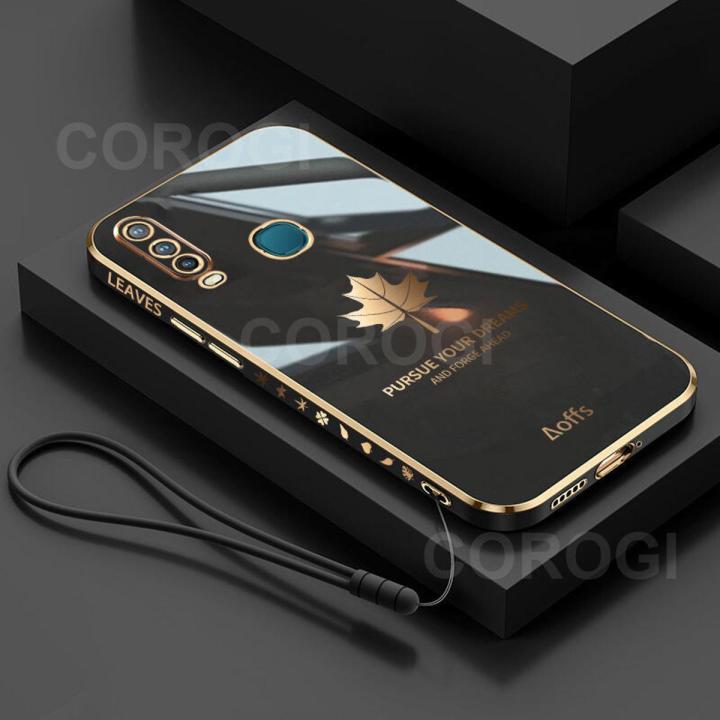 For Vivo Y12 Back Cover with Hand Strap Luxury Shiny 6D Plating Maple Leaves Pattern Protective Case Square Bumper Soft Silicone Mobile Phone Cases