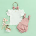 Newborn Baby Three Piece Set, Fly Sleeve Round Neck Shirt Suspender Ruffle Shorts Elastic Matching Headband. 