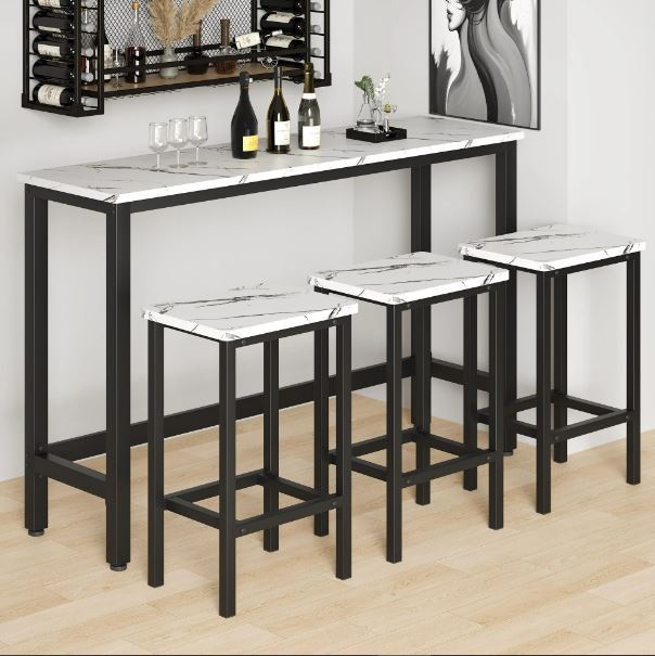 Counter Height Dining Set, 4 Pieces Long Pub Table Set with 3 Stools, Kitchen Table Set for 3, Bar Table Set for Small Space, Modern Breakfast Dining Table Set for Home/Restaurant