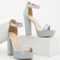 Women Block Heels Fashion Sandal Bling Glitter 4 Inches Heels Silver, Golden, Black. 